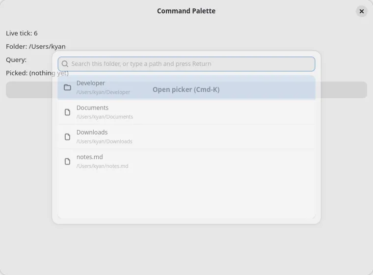 The command palette example with the palette open on GNOME (GTK)