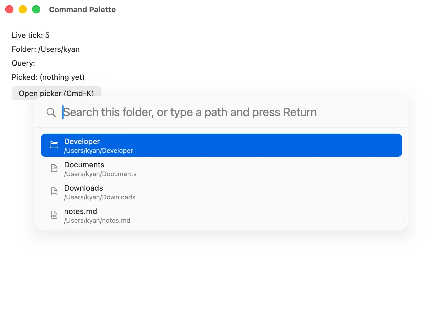 The command palette example with the palette open on macOS (AppKit)