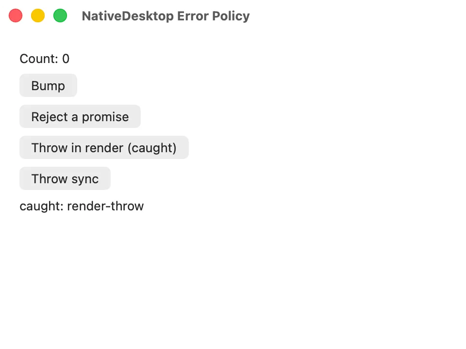 The errors example with a caught boundary error on macOS (AppKit)