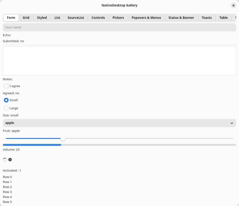 The widget gallery example on GNOME (GTK)