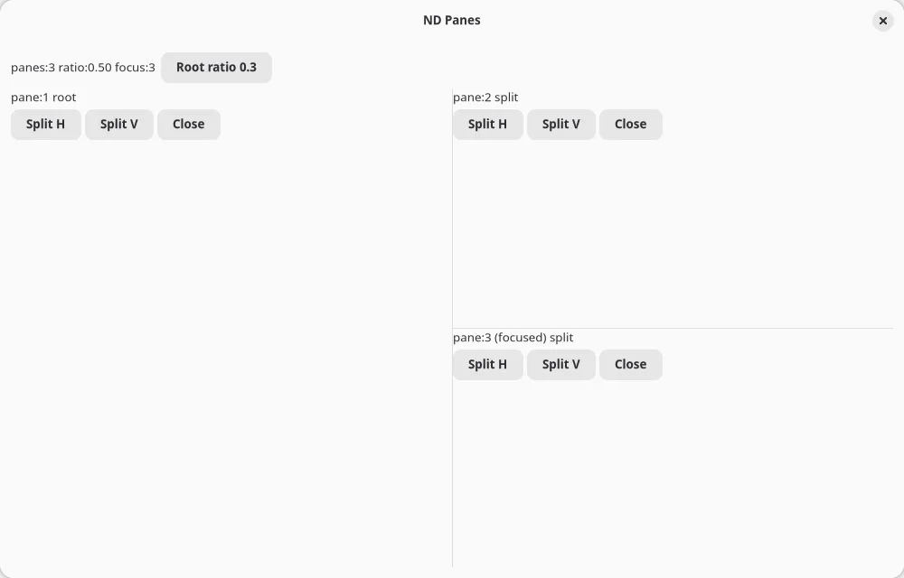 The panes example split into three panes on GNOME (GTK)