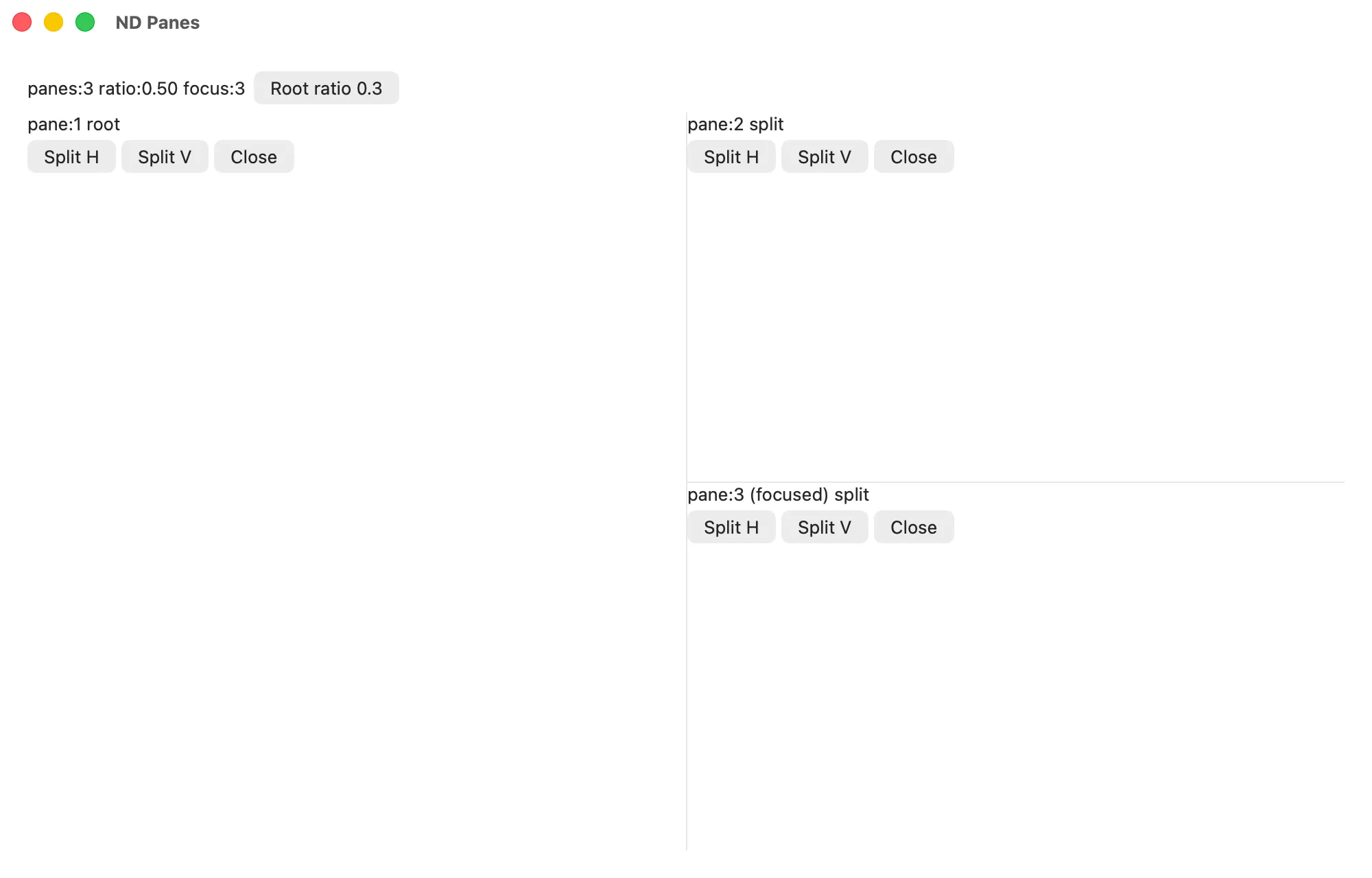 The panes example split into three panes on macOS (AppKit)