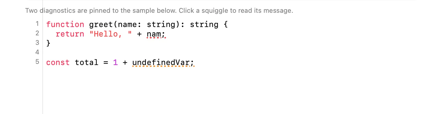 CodeEditor with two diagnostics underlined on macOS (AppKit)