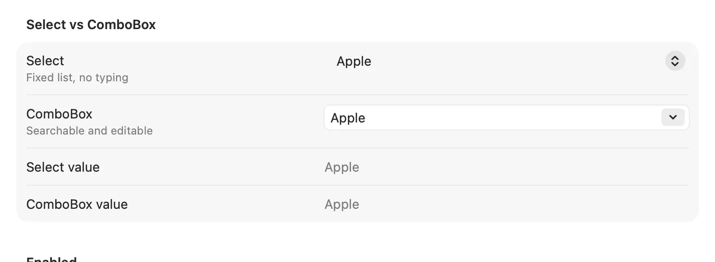 The ComboBox dropdown with a typed value on macOS (AppKit)