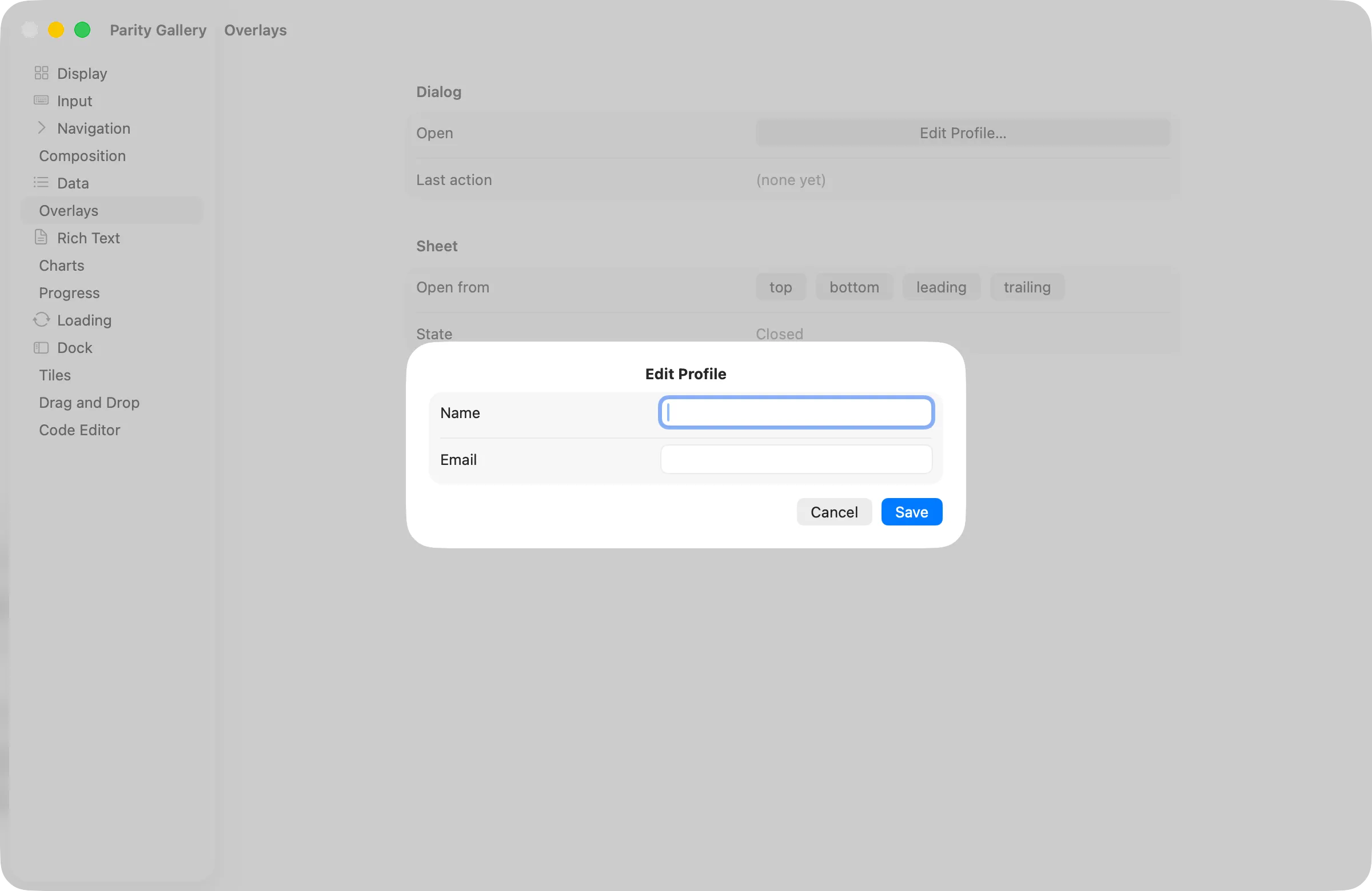 An open Dialog editing a name field on macOS (AppKit)