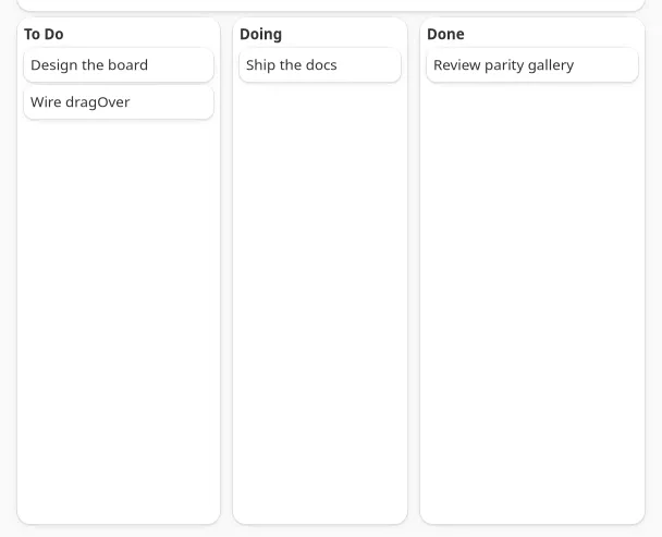 A three-column kanban board built from draggable and dropTarget boxes on GNOME (GTK)
