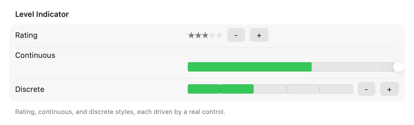 LevelIndicator in its rating, continuous, and discrete styles on macOS (AppKit)