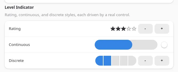 LevelIndicator in its rating, continuous, and discrete styles on GNOME (GTK)