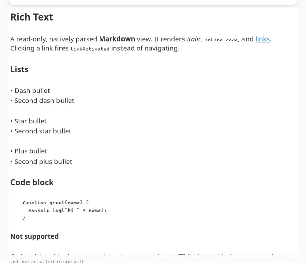 RichText rendering headings, a list, and a code block on GNOME (GTK)