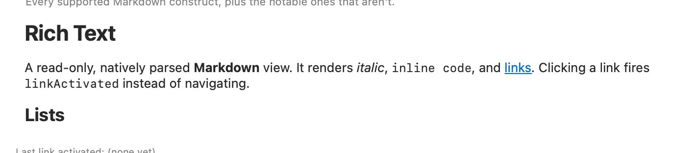 RichText rendering headings, a list, and a code block on macOS (AppKit)