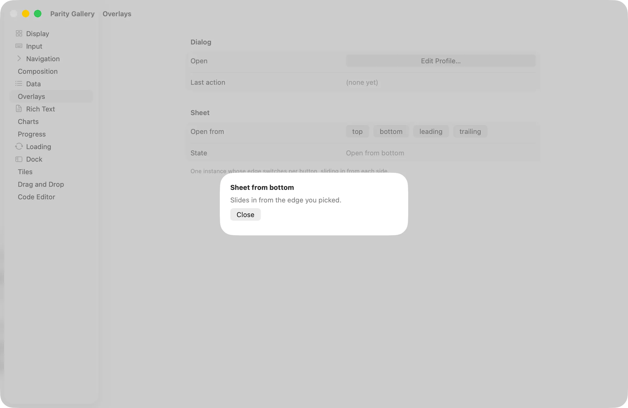 An open Sheet presented from the bottom edge on macOS (AppKit)
