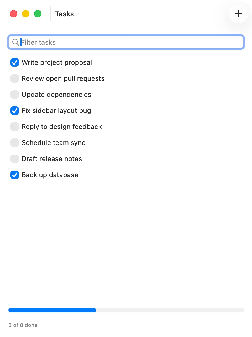The tasks example on macOS (AppKit)